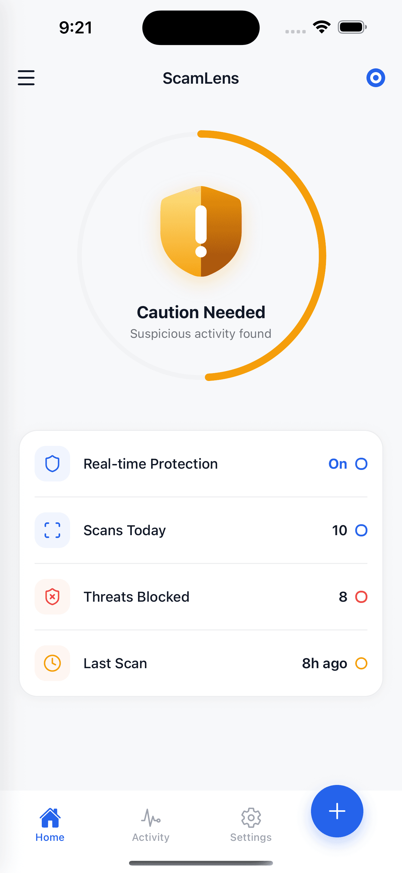 ScamLens home screen